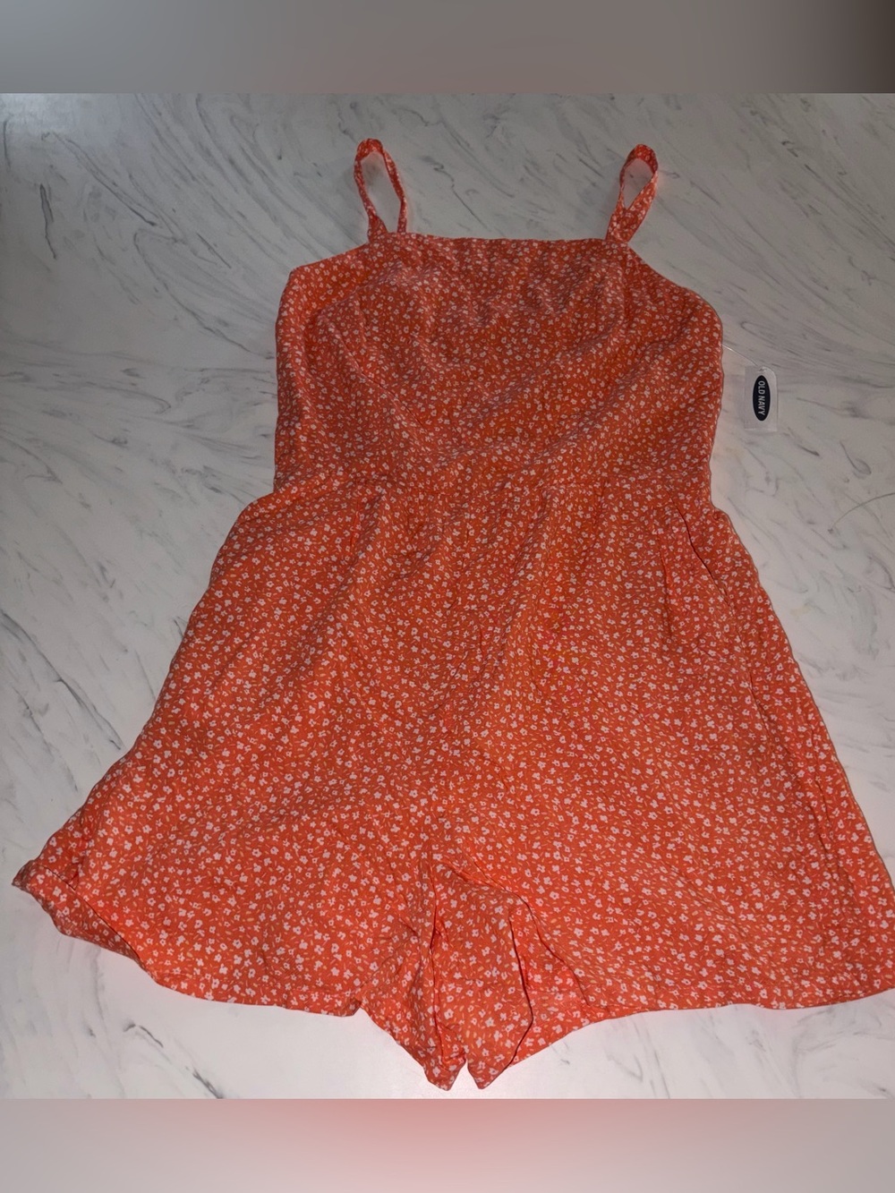 Old navy orange white floral print romper 1 piece outfit shorts m new nwt